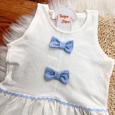  Conj. Blusa Anarruga Dois Laços e Short - Off White e Azul Bebê